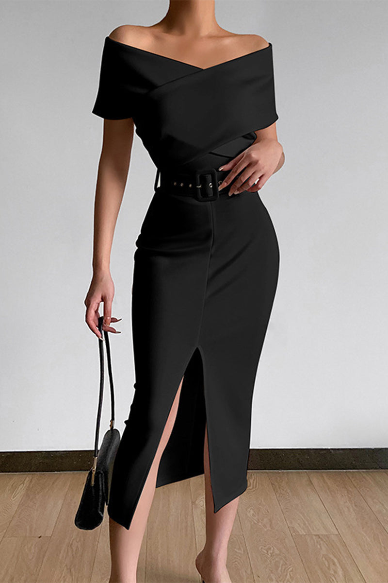 Kaynafashions - Sexy Elegant Solid With Belt V Neck One Step Skirt Dresses(8 Colors)