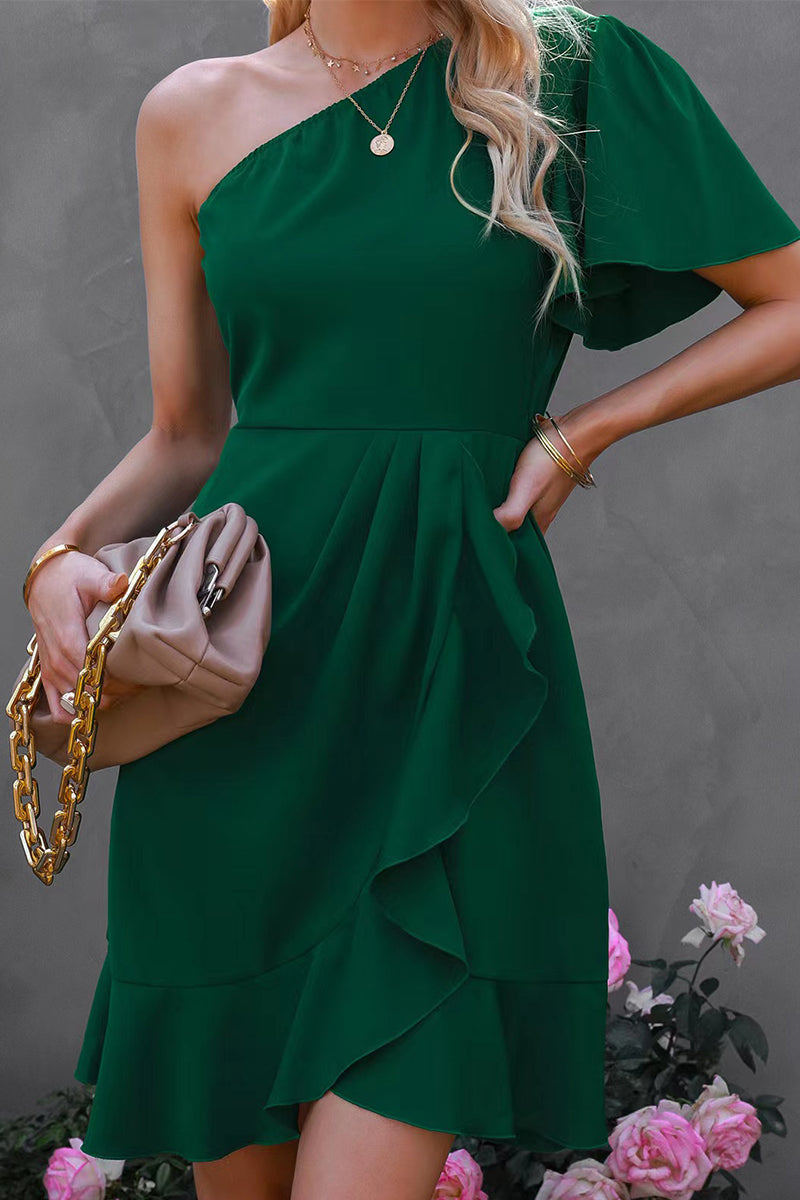 Kaynafashions - Street Simplicity Solid Flounce Oblique Collar Irregular Dress Dresses