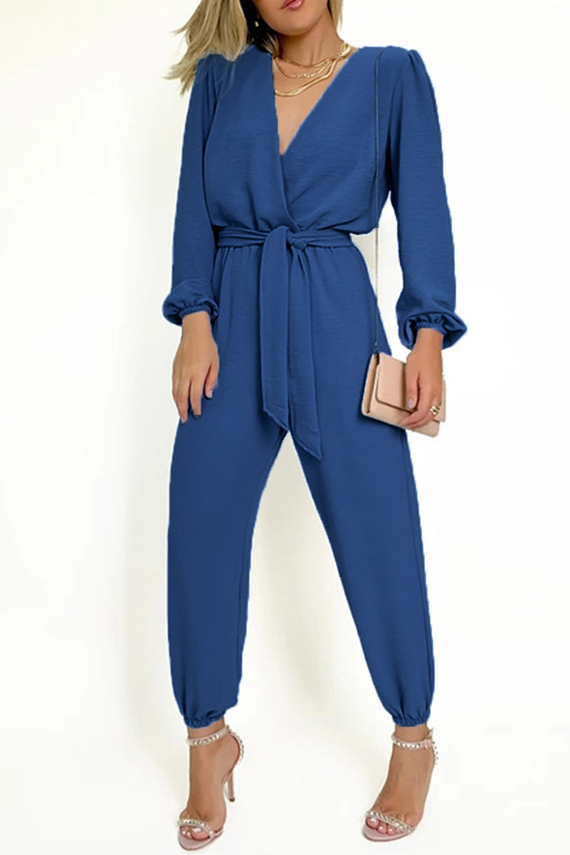 Kaynafashions - Casual Simplicity Solid Frenulum V Neck Regular Jumpsuits
