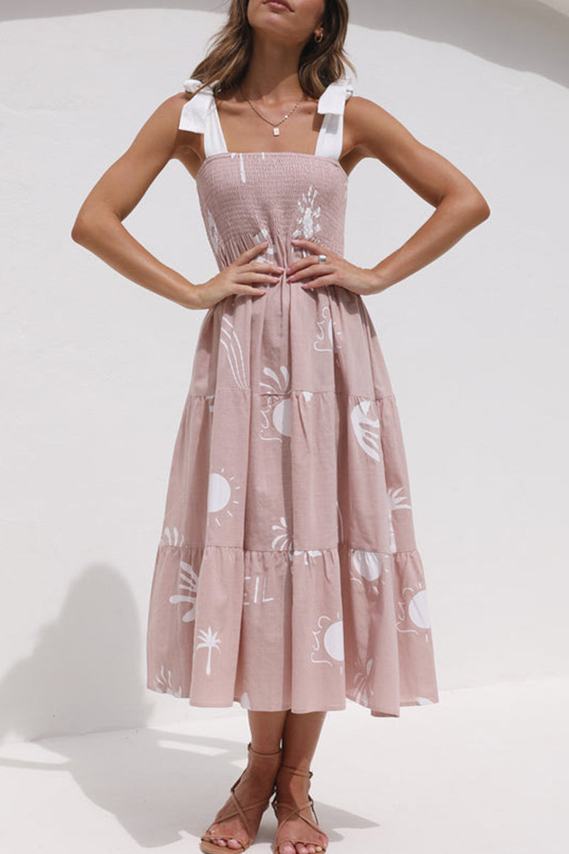 Kaynafashions - Sweet Elegant Print Frenulum Square Collar Beach Dress Dresses