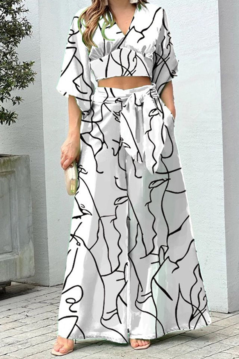 Kaynafashions - Elegant Print Frenulum V Neck Half Sleeve Two Pieces(10 Colors)