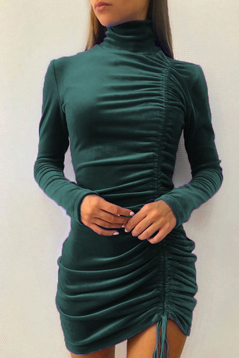 Kaynafashions - Sexy Elegant Solid Draw String Half A Turtleneck Wrapped Skirt Dresses(8 colors)