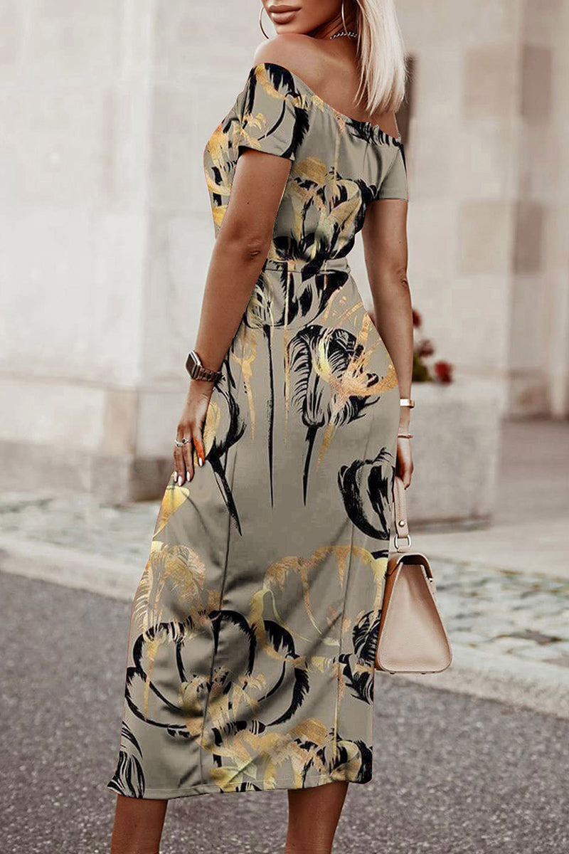 Kaynafashions - Sexy Elegant Print Patchwork Slit Off the Shoulder Printed Dress Dresses