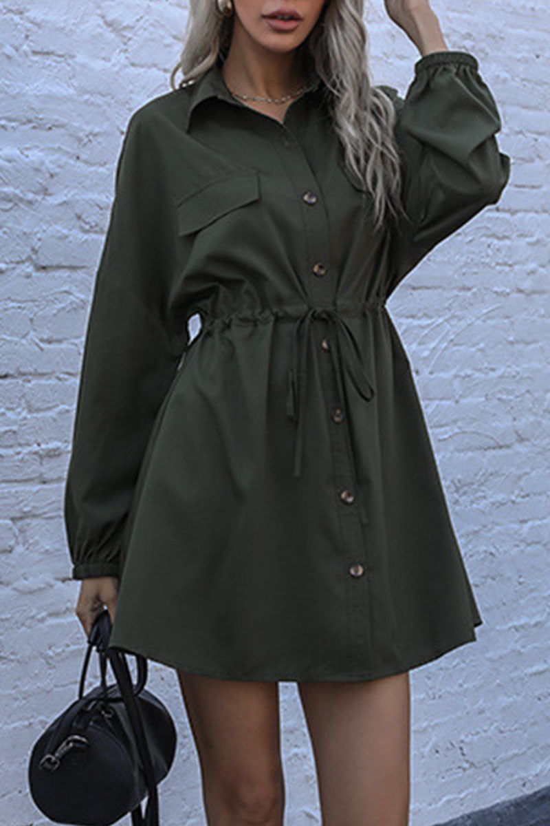 Kaynafashions - Fashion Street Solid Patchwork Turndown Collar A Line Dresses