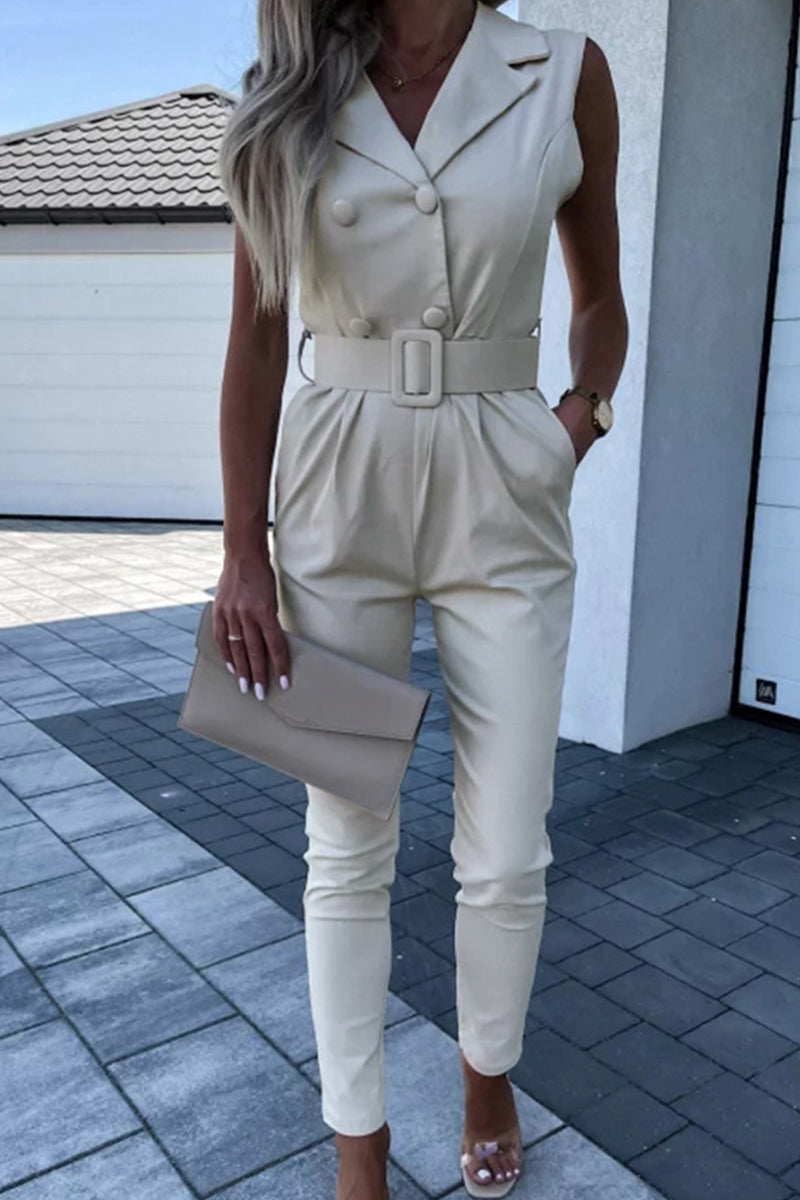 Kaynafashions - Work Street Solid Patchwork Turndown Collar Regular Jumpsuits