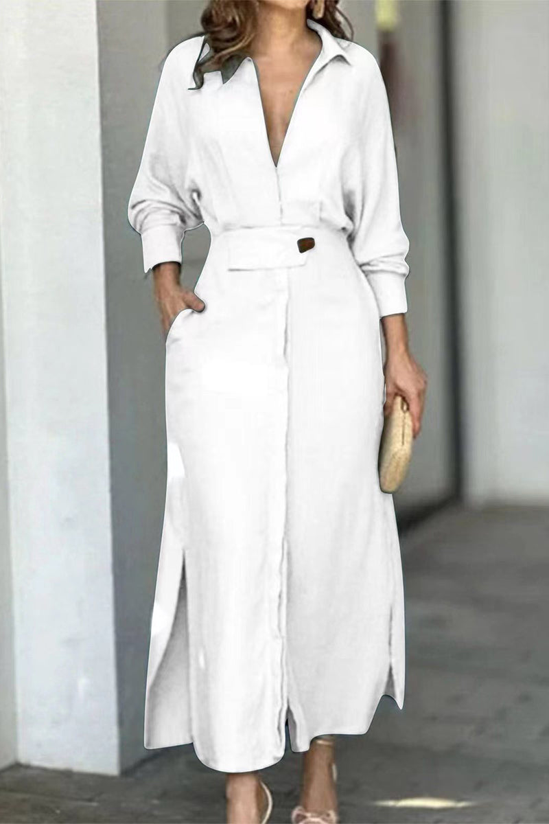 Kaynafashions - Casual Solid Patchwork Turndown Collar Shirt Dress Dresses