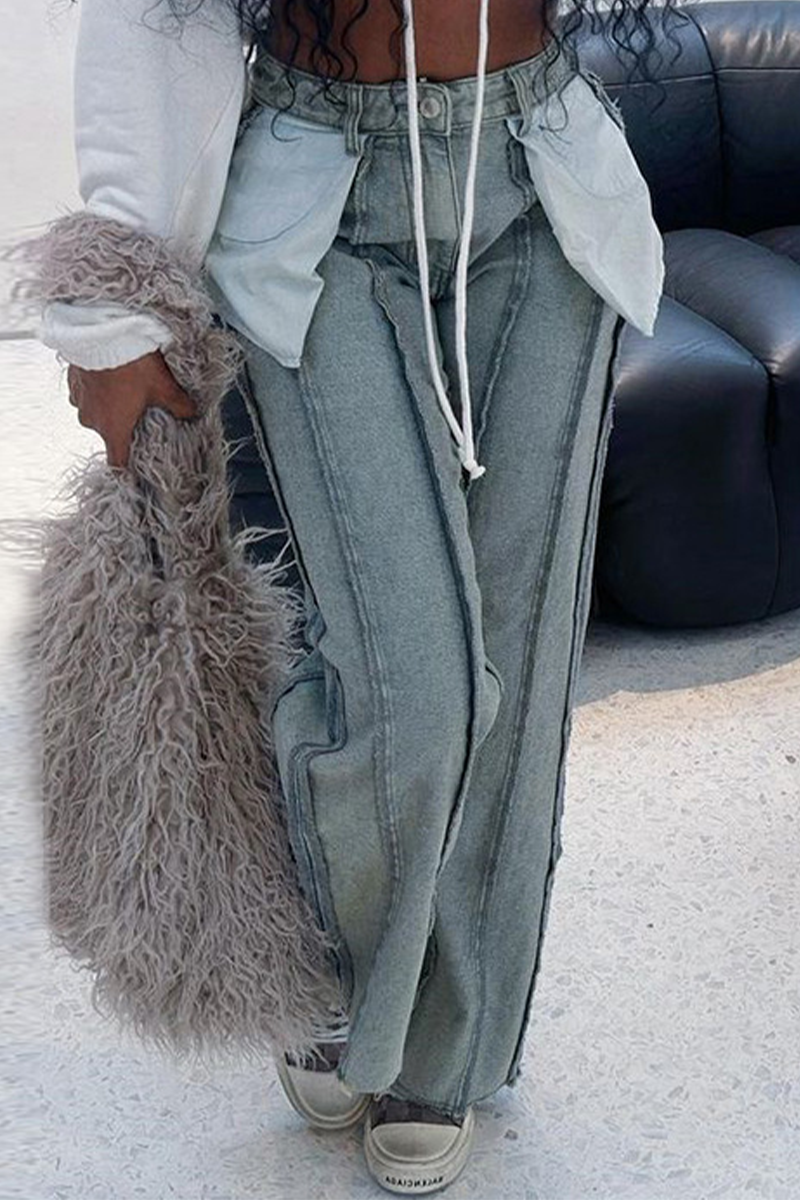 Kaynafashions - Street Solid Patchwork Pocket Regular Straight Solid Color Bottoms