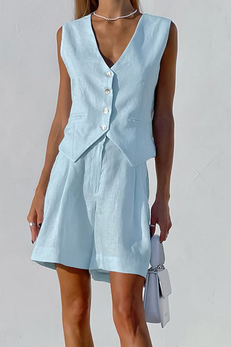 Kaynafashions - Casual Solid Pocket V Neck Sleeveless Two Pieces