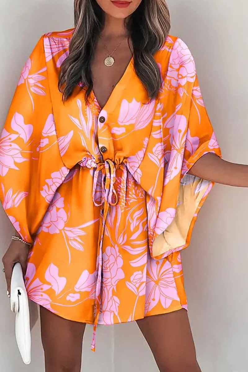 Kaynafashions - Casual Print Patchwork V Neck Waist Skirt Dresses(8 colors)