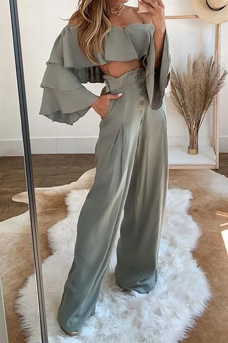 Kaynafashions - Casual Solid Asymmetrical Off the Shoulder Long Sleeve Two Pieces