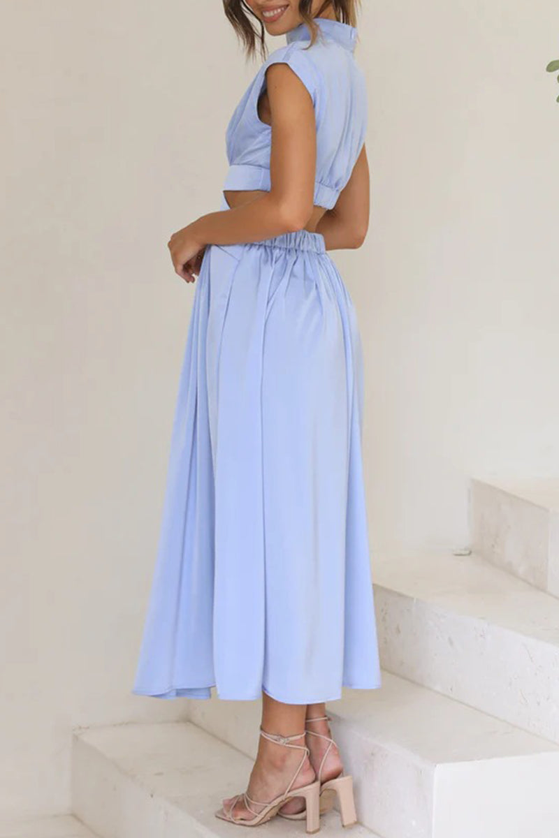 Kaynafashions - Sweet Elegant Solid Hollowed Out Mandarin Collar A Line Dresses(8 Colors)