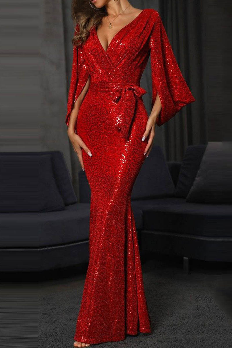 Kaynafashions - Elegant Solid Bandage Sequins Patchwork V Neck Evening Dress Dresses