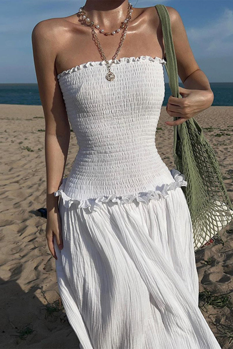 Kaynafashions - Casual Daily Solid Fold Strapless Pleated Dresses