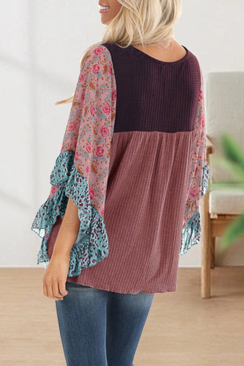 Kaynafashions - Casual Print Contrast O Neck Tops(7 Colors)