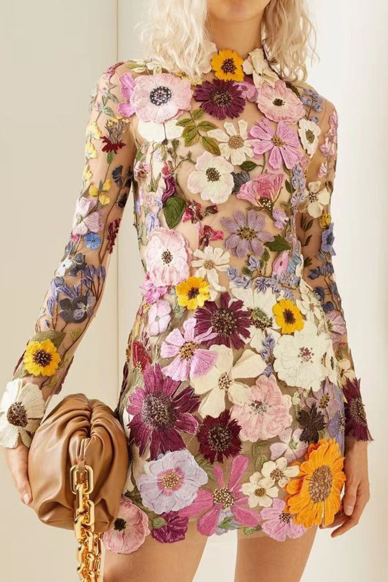 Kaynafashions - Sweet Patchwork Appliques Half A Turtleneck One Step Skirt Dresses