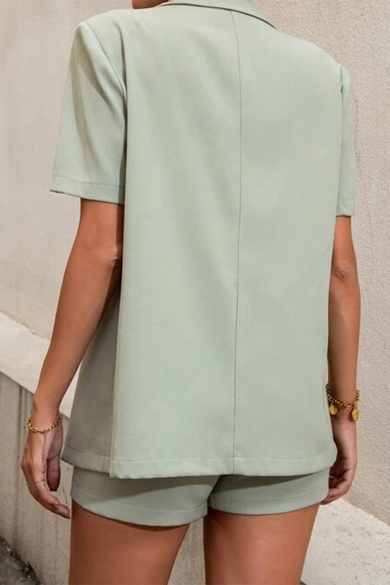 Kaynafashions - Casual Work Solid Buttons Turn-back Collar Short Sleeve Two Pieces
