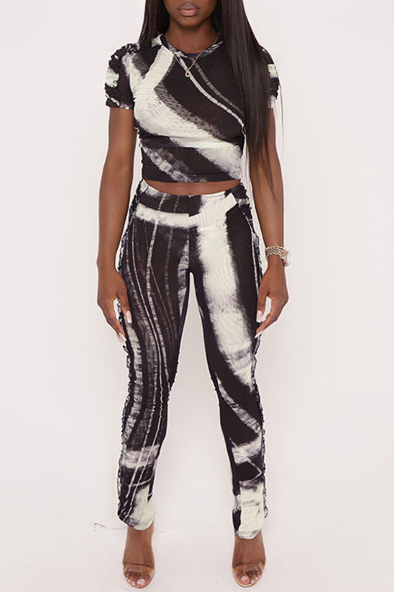 Kaynafashions - Casual Print Contrast O Neck Short Sleeve Two Pieces