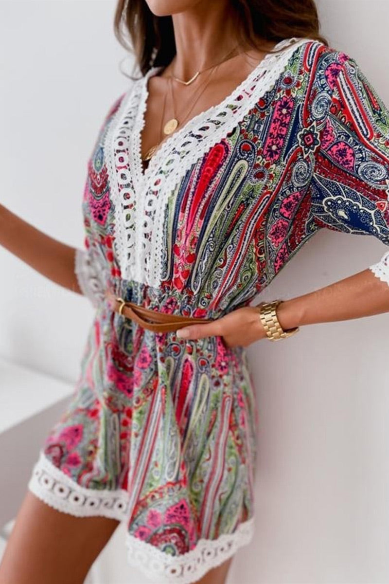 Kaynafashions - Fashion Sweet Print Patchwork V Neck A Line Dresses