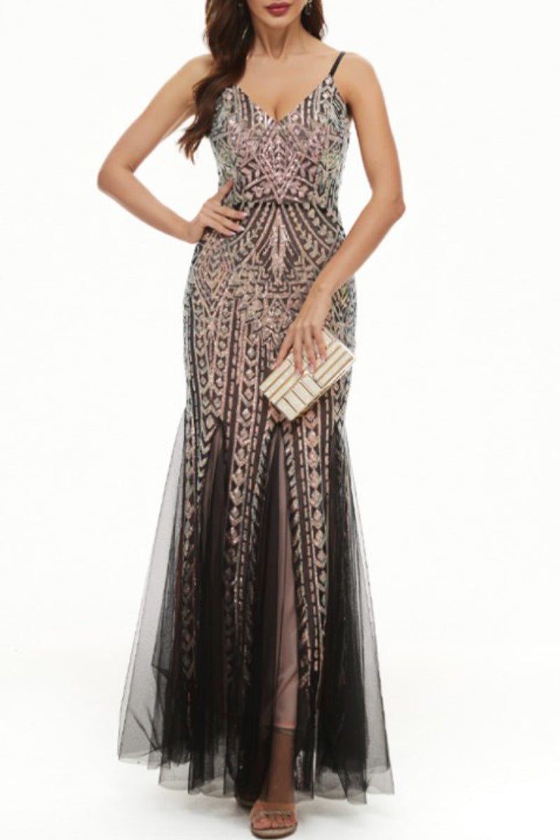 Kaynafashions - Sexy Celebrities Patchwork Sequins V Neck Evening Dress Dresses(4 Colors)