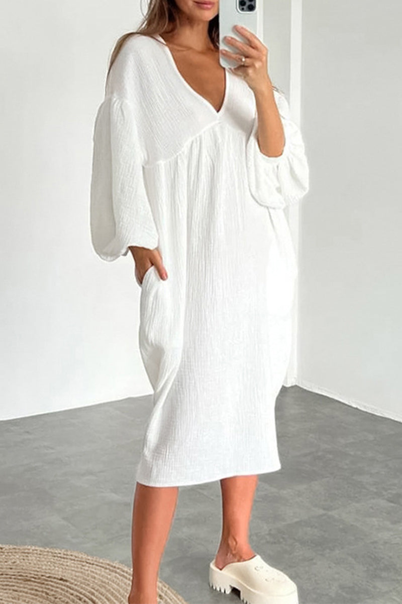Kaynafashions - Casual Living Solid Pocket V Neck Long Sleeve Dresses