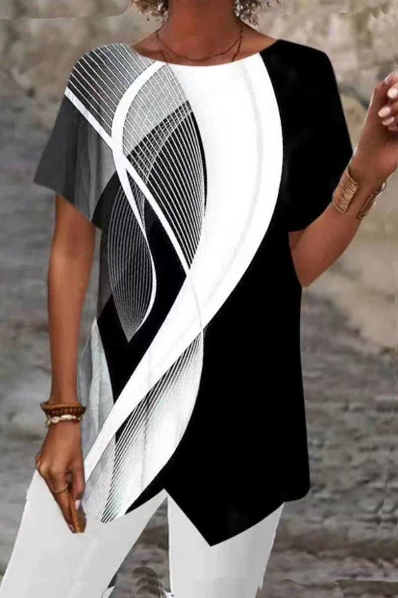 Kaynafashions - Casual College Geometric Print Patchwork O Neck T-Shirts(5 Colors)