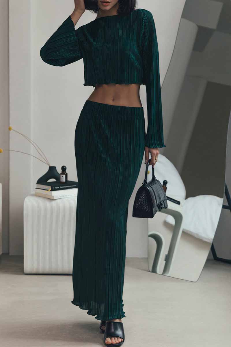 Kaynafashions - Casual Solid Stringy Selvedge O Neck Long Sleeve Two Pieces