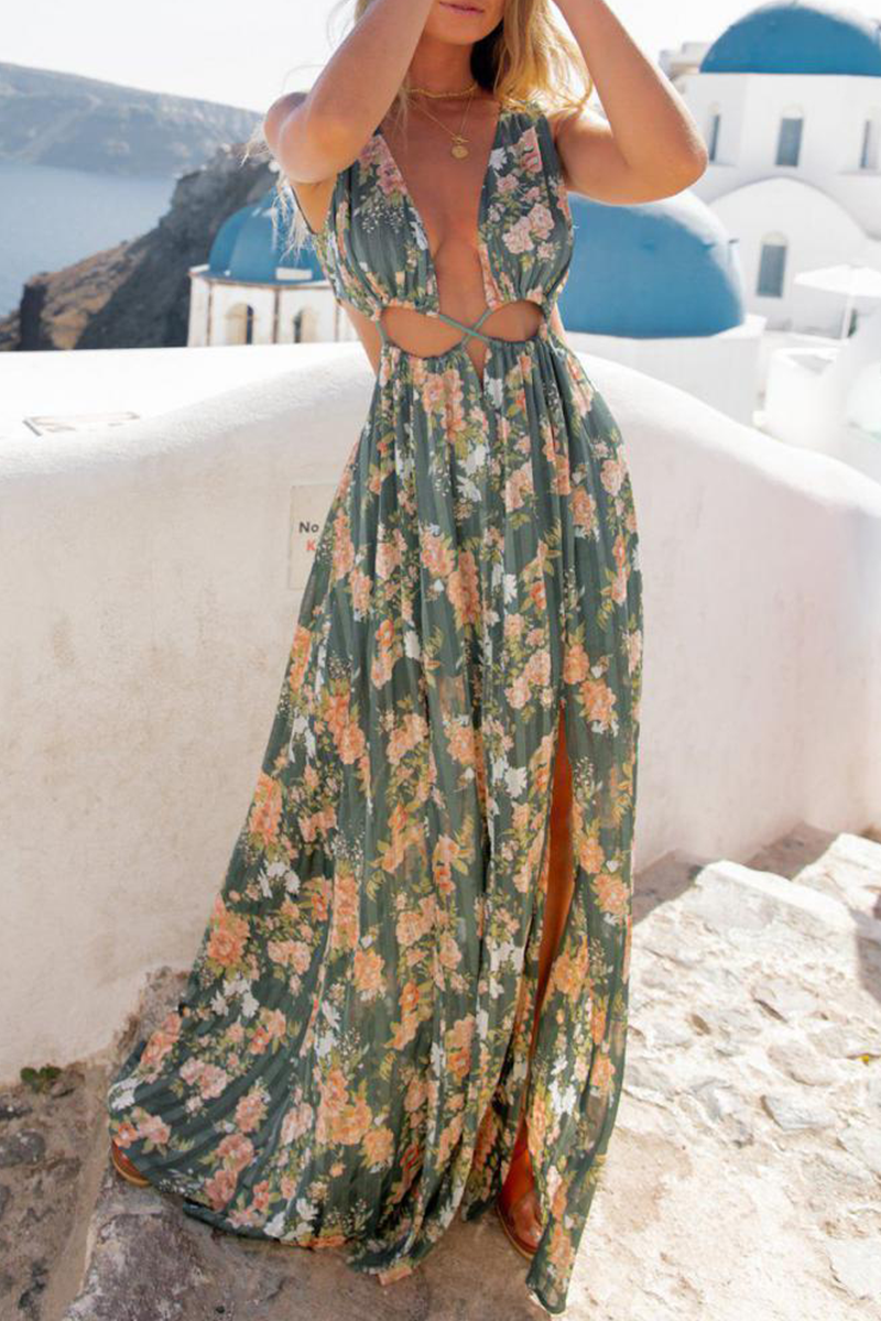 Kaynafashions - Sexy Print Patchwork V Neck Waist Skirt Dresses