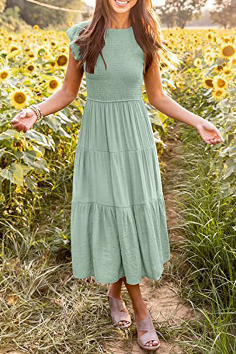 Kaynafashions - Fashion Solid Flounce O Neck Cake Skirt Dresses(9 colors)