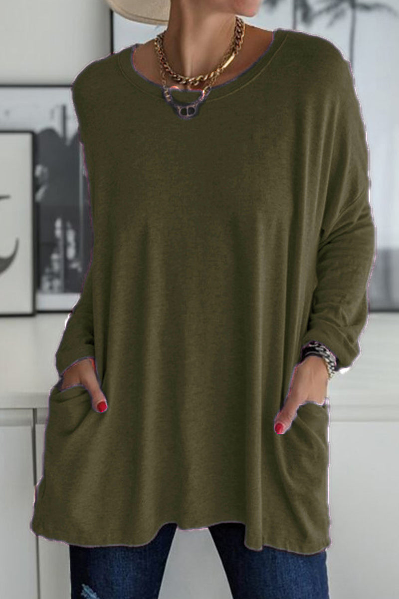 Kaynafashions - Casual Solid Patchwork Pocket O Neck Tops