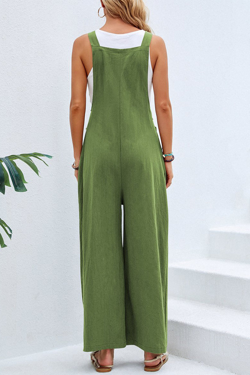 Kaynafashions - Casual Vacation Solid Buttons Square Collar Loose Jumpsuits(10 Colors)