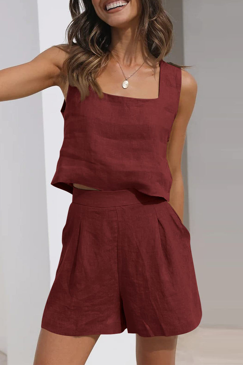 Kaynafashions - Casual Simplicity Solid Pocket Square Collar Sleeveless Two Pieces(16 Colors)