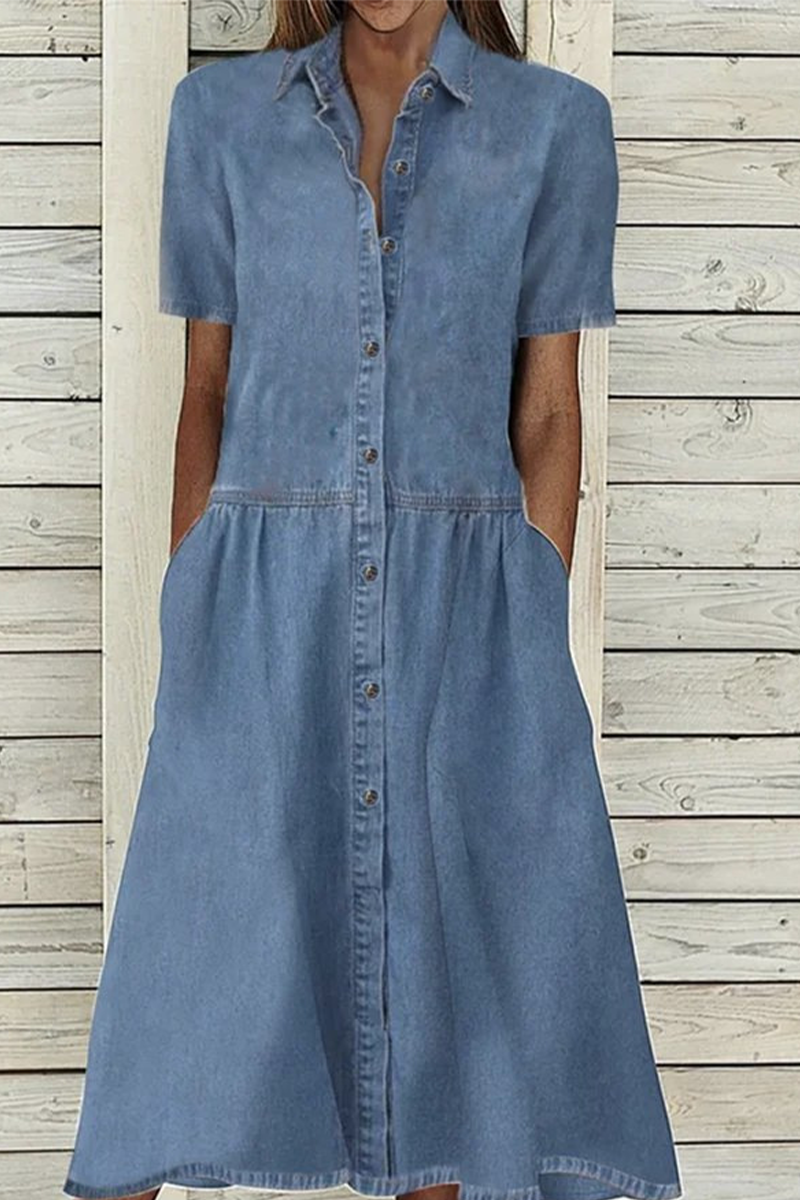 Kaynafashions - Casual Solid Patchwork Turndown Collar Cake Skirt Dresses