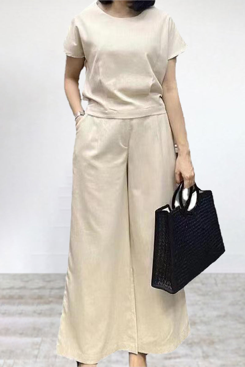 Kaynafashions - Casual Solid Pocket Solid Color O Neck Short Sleeve Two Pieces