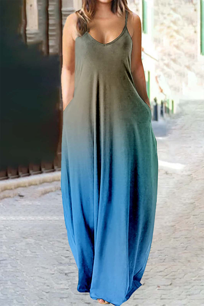 Kaynafashions - Plus Size Casual Vacation Gradual Change Pocket Contrast V Neck Printed Dress Dresses