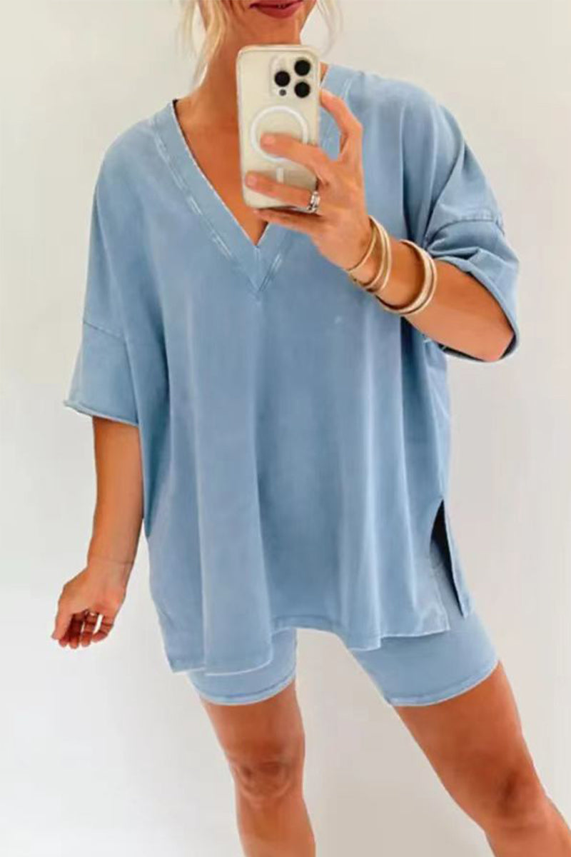 Kaynafashions - Casual Simplicity Solid V Neck Short Sleeve Two Pieces