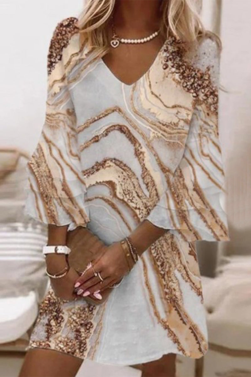 Kaynafashions - Sweet Elegant Print Patchwork V Neck A Line Dresses(3 Colors)