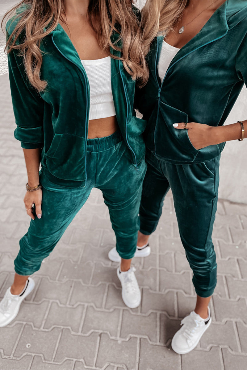 Kaynafashions - Casual Solid Zipper Hooded Collar Long Sleeve Two Pieces(4 Colors)