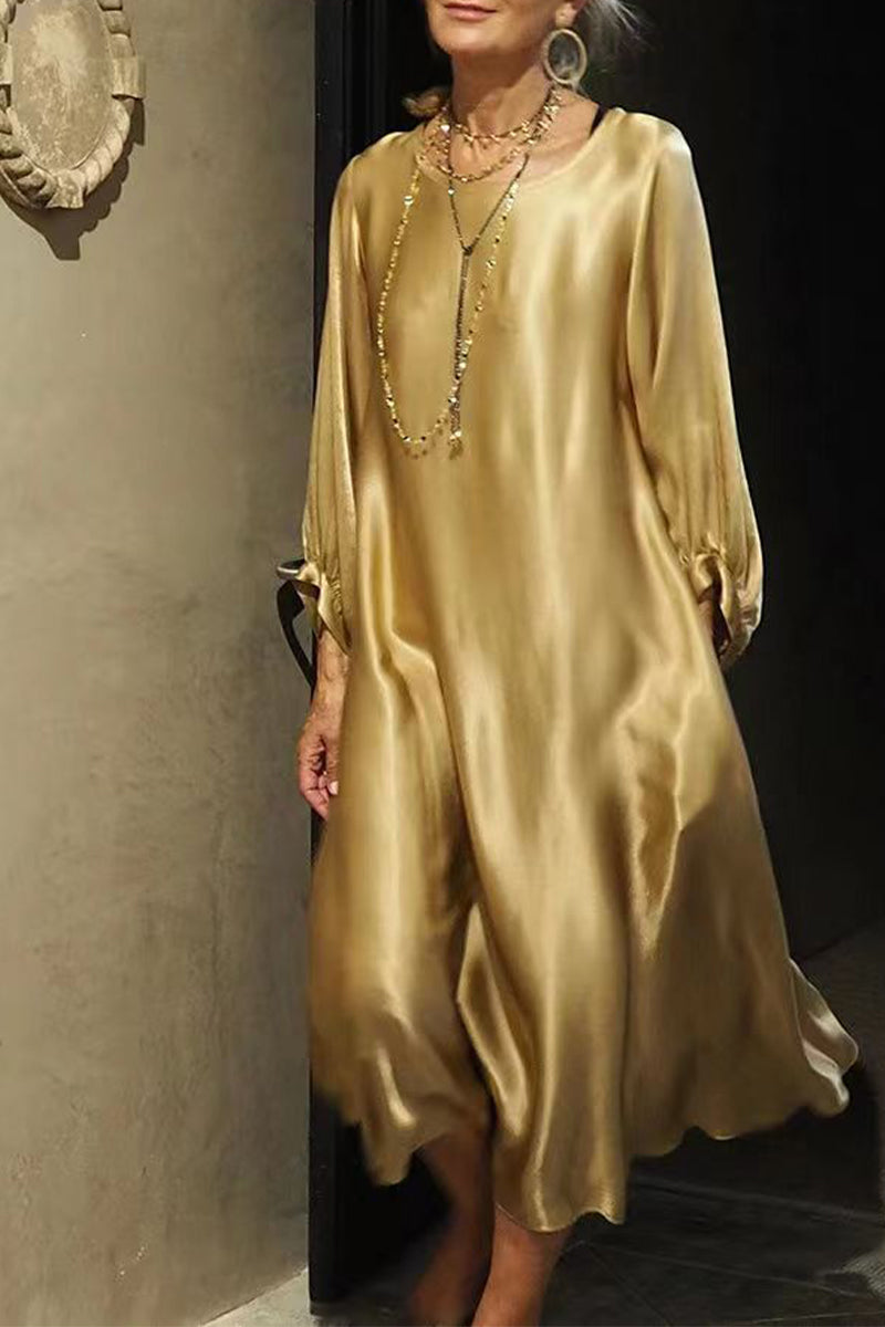 Kaynafashions - Celebrities Elegant Solid Bright Silk O Neck Long Sleeve Dresses(3 Colors)