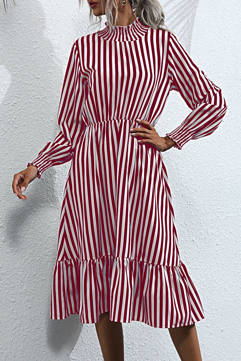 Kaynafashions - Sweet Elegant Striped Printing Stringy Selvedge Turtleneck A Line Dresses(4 Colors)