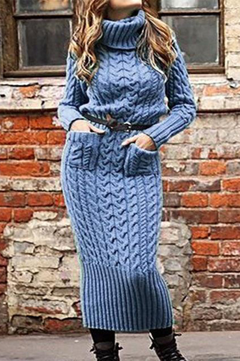 Kaynafashions - Work Striped Without Belt Solid Color Turtleneck Sheath Dresses