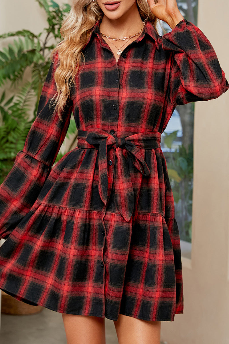 Kaynafashions - Casual Plaid Contrast Turndown Collar A Line Dresses