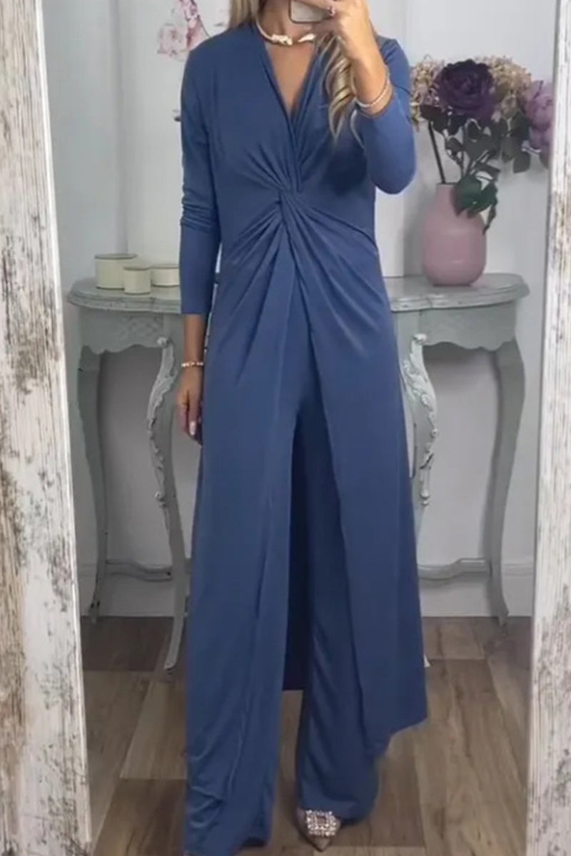 Kaynafashions - Casual Solid Fold V Neck Long Sleeve Two Pieces