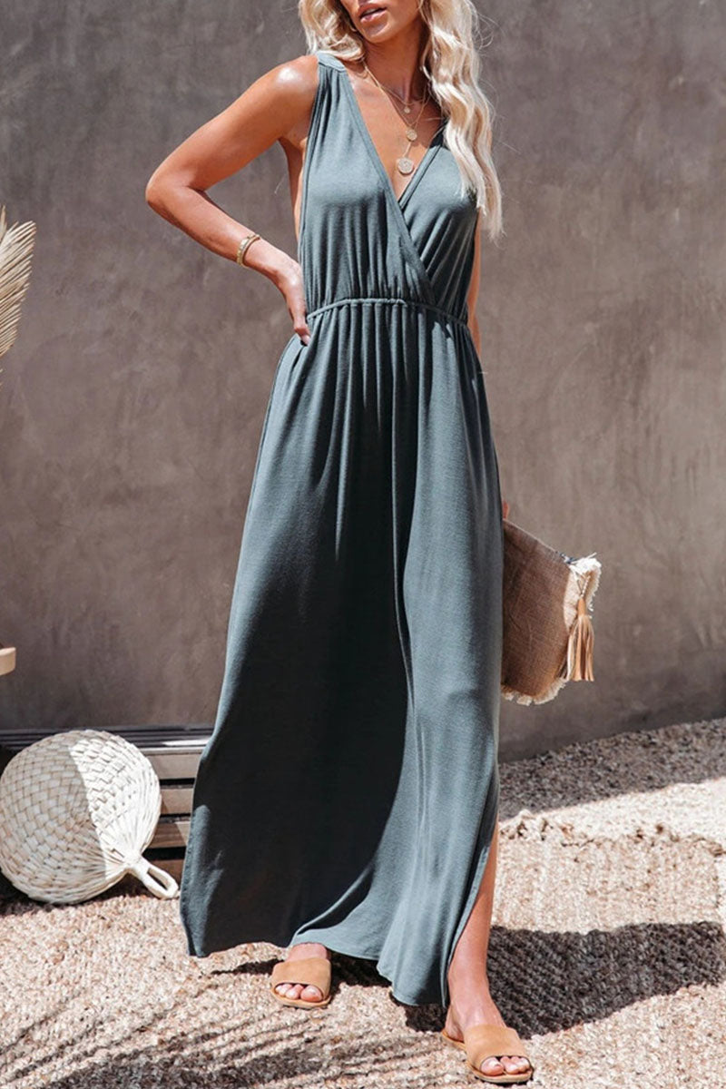 Kaynafashions - Fashion Casual Solid Patchwork V Neck Waist Skirt Dresses