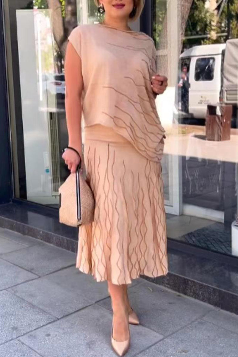 Kaynafashions - Casual Solid Patchwork Asymmetrical O Neck Short Sleeve Two Pieces