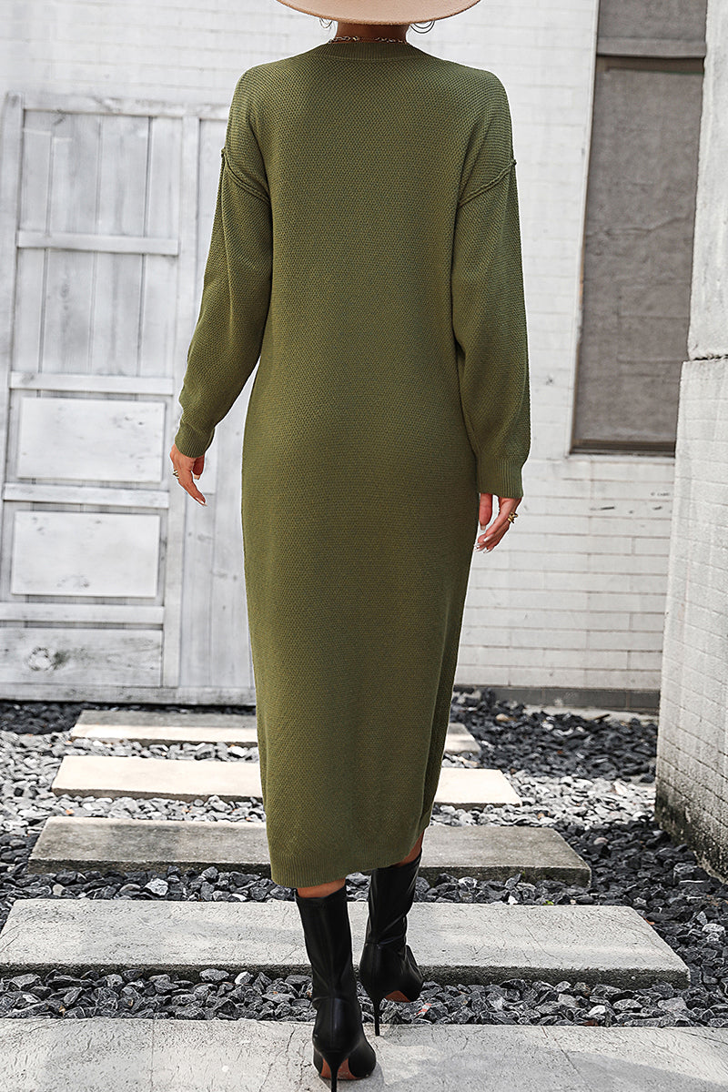Kaynafashions - Elegant Solid Buckle O Neck Long Sleeve Dresses