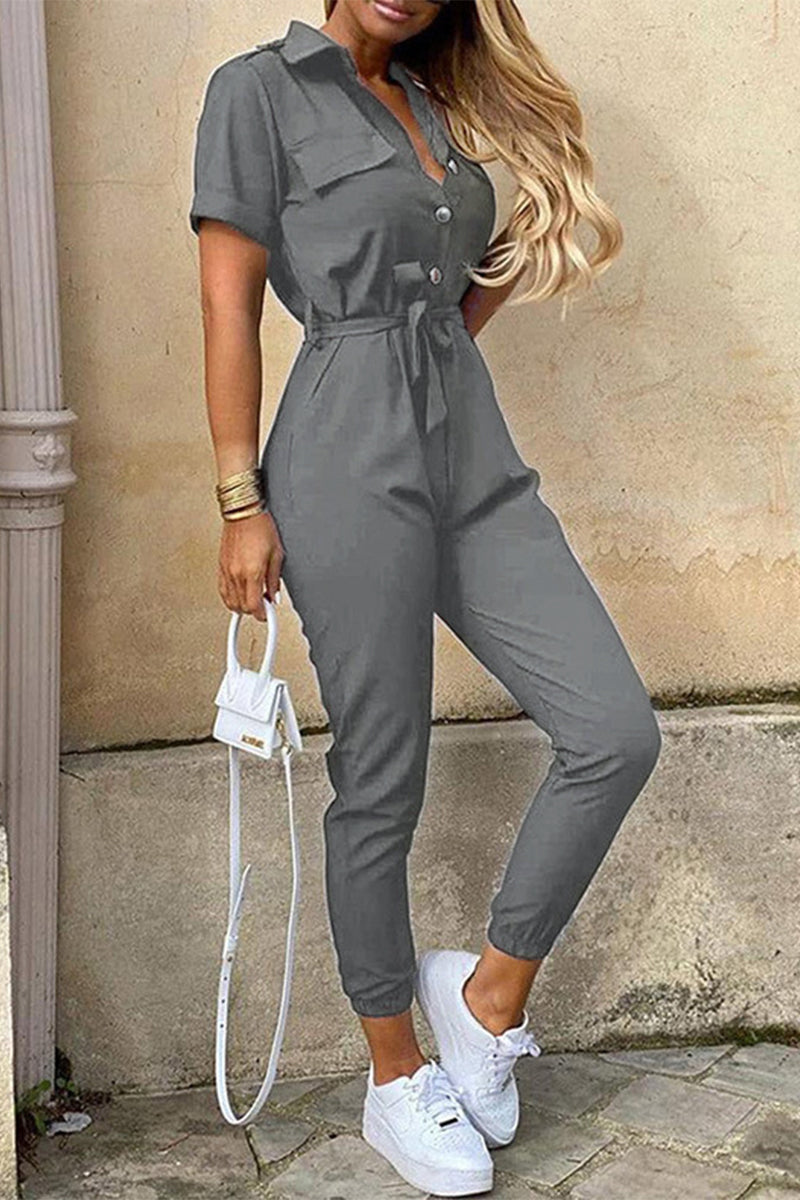 Kaynafashions - Casual Daily Solid Frenulum With Belt Turndown Collar Regular Jumpsuits(10 Colors)