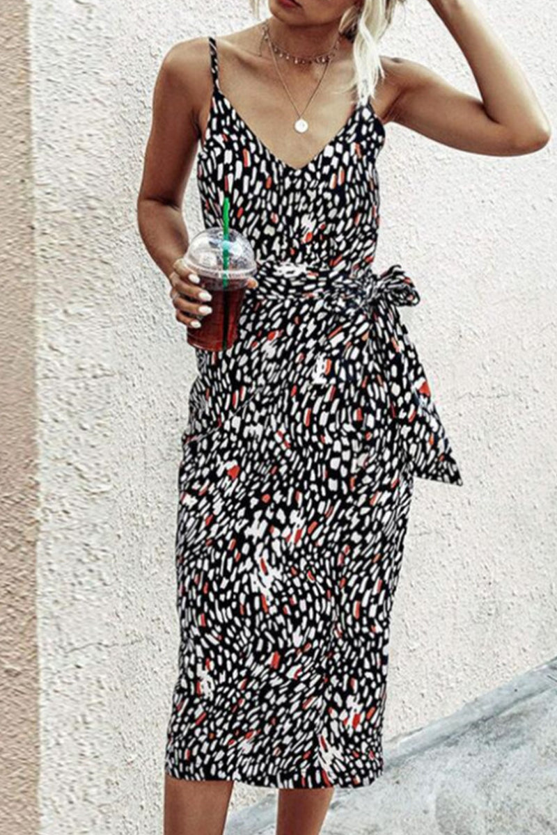 Kaynafashions - Sexy Vacation Print Frenulum Slit V Neck Printed Dress Dresses(4 Colors)