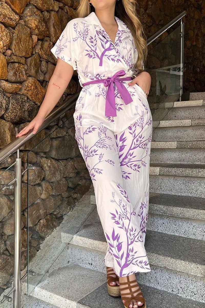 Kaynafashions - Casual Floral Frenulum Turndown Collar Short Sleeve Two Pieces