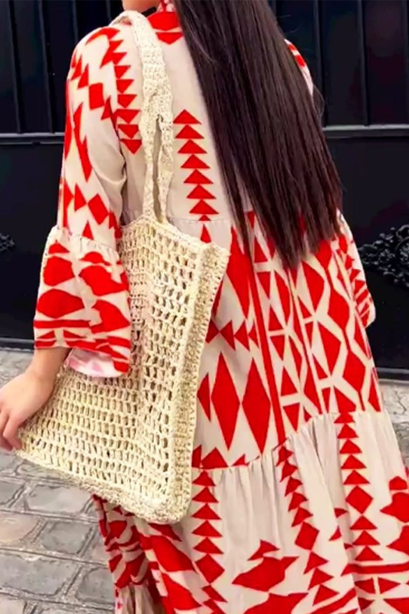 Kaynafashions - Casual Elegant Geometric Print Patchwork O Neck Printed Dress Dresses