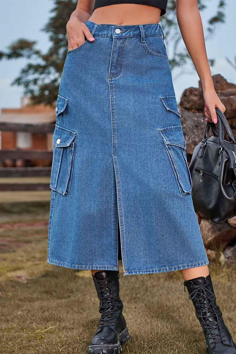 Kaynafashions - Casual Street Solid Slit High Waist Denim Skirts